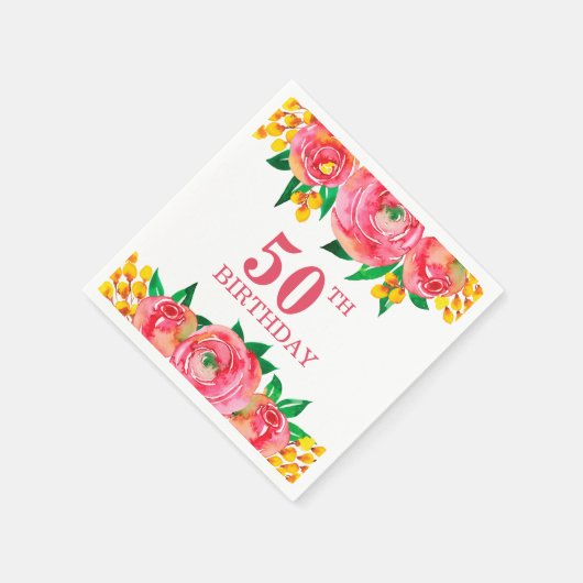 ホットピ鮮やかンクとイエローウォーターのカラーフローラ スタンダードカクテルナプキン (角)