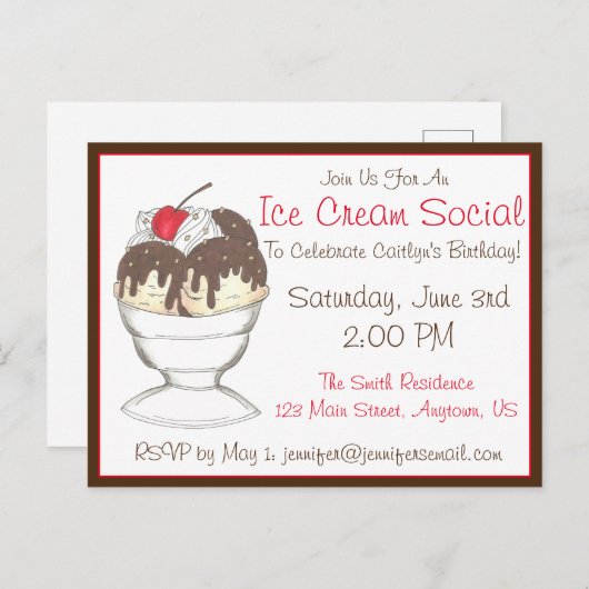 ホットファッジサンデアイスクリームソーシャルバースデーパーティー インビテーションポストカード (正面/裏面)