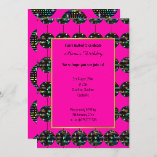 ホットフロロピンクディスコパーティーテーマ金ゴールドすべての行事 招待状 (正面/裏面)