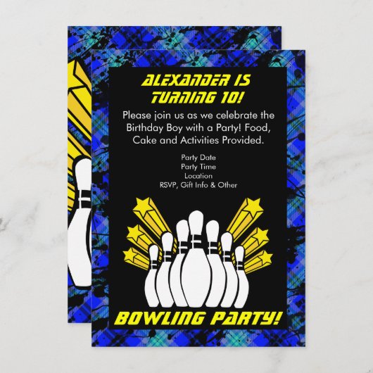 ホットブルーボーイパーソナライズされたボーリングパーティの招待状 招待状 (正面/裏面)