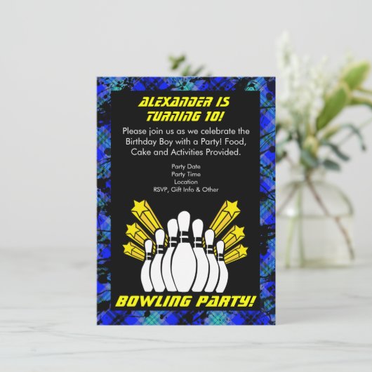 ホットブルーボーイパーソナライズされたボーリングパーティの招待状 招待状 (スタンド正面)