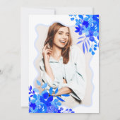 ホットブルー波状フレームbohoフローラ甘い16 招待状 (裏面)