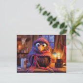 ホットミルクと冬の衣装を纏ったコージーな室内のカラス ポストカード (スタンド正面)