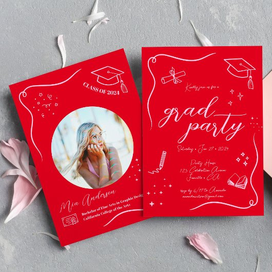 ホットレッドピンク手描きスクライブル卒業 招待状