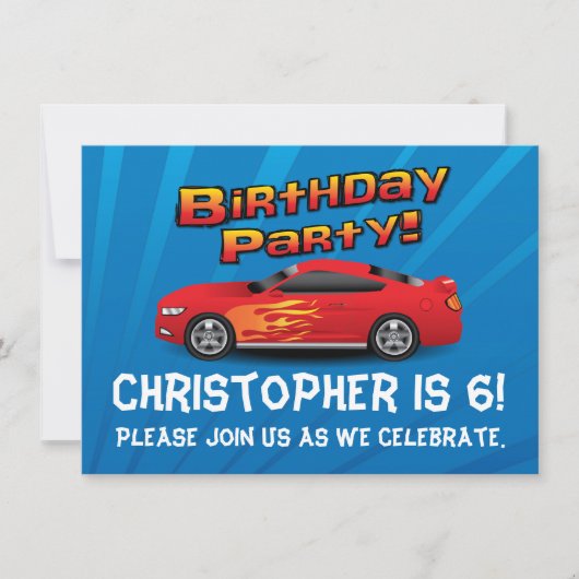 ホットレッドレースカー炎ボーイズバースデーパーティーMed. 招待状 (正面)