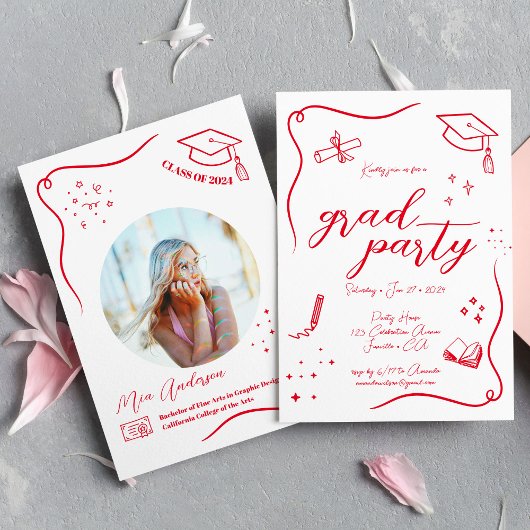 ホットレッド手描きスクライブル卒業 招待状