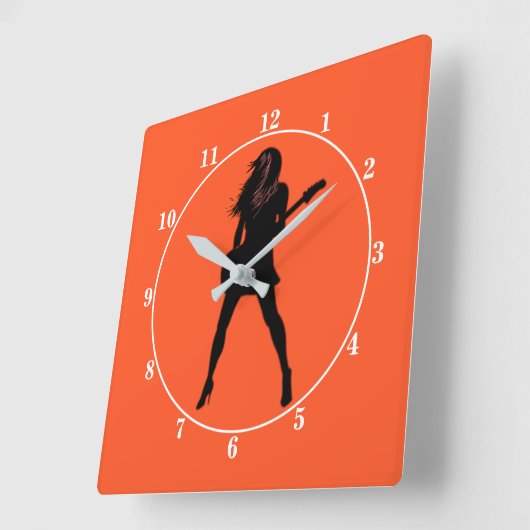 ホットロックガール-ギタープレーヤー スクエア壁時計 (傾斜)
