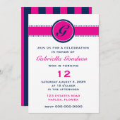 ホット名門私立校風のピンク&ネイビーブルーモノグラム 招待状 (正面/裏面)