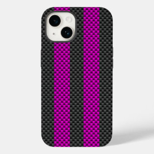 ホット明るい赤紫色ピンクレーシングストライプスタイル炭素繊維 Case-Mate iPhone 14ケース