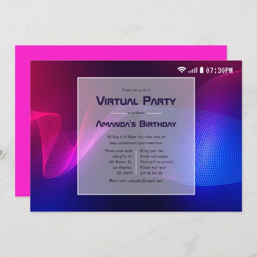 ホット=ピンクとブルーのバーチャルグロー誕生日パーティー 招待状 (正面/裏面)