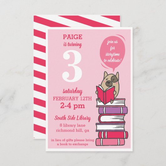 ホット·ピンク·ブック·バースデー·パーテ読ィーの招待状 招待状 (正面/裏面)