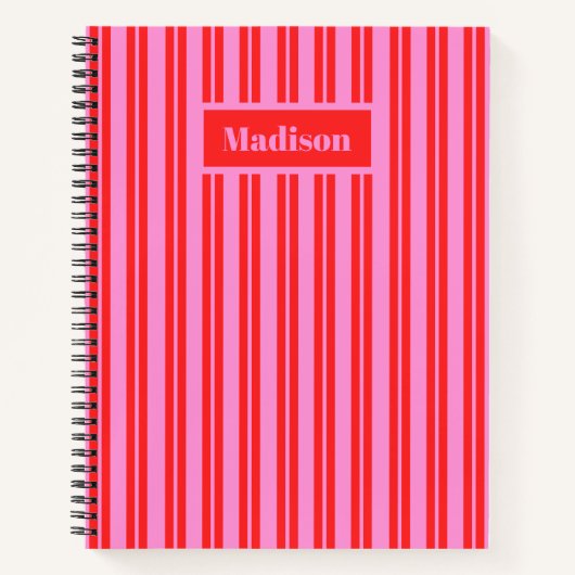 ホッパーソナライズされた名門私立校風のトピンクと赤のストライプ ノートブック (正面)