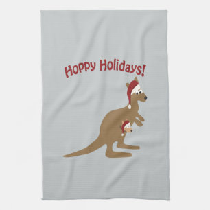 ホッピーなホリデー! クリスマスのカンガルー キッチンタオル
