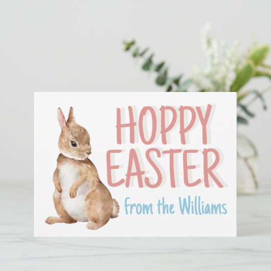 ホッピーのイースターバニーパーソナライズされたウサギかわいいピンク シーズンカード (スタンド正面)