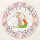 ホッピーハッピーイースターバニーストライプズおよび格子柄 ラウンドペーパーコースター (正面)