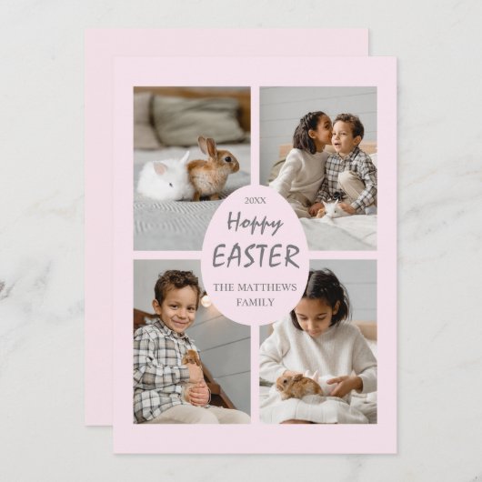 ホッピー復活祭のホリデーフォトカード。ピンクの卵と背中 シーズンカード (正面/裏面)