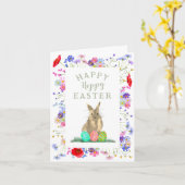 ホッピー・イースターかわいいバニーと卵のフローラ カード (黄色い花)