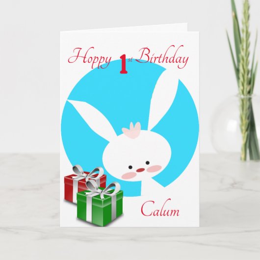 ホップする1歳の誕生日おめでとう坊や ウサギ カード (正面)