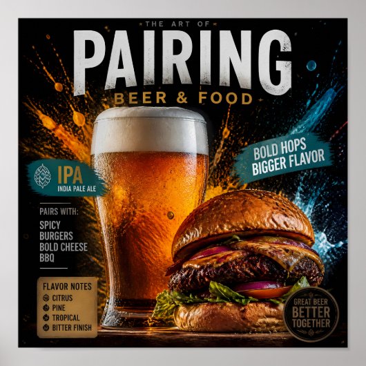 ホップの効いたビールとバーガーのペアリングアートポスター ポスター (正面)