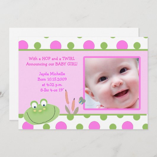 ホップの豊富なカエルのベビーの写真の誕生の発表 案内状 (正面/裏面)