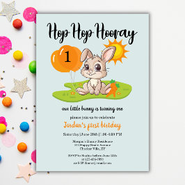 ホップホップホアリーかわいいバニー1歳の誕生日 招待状