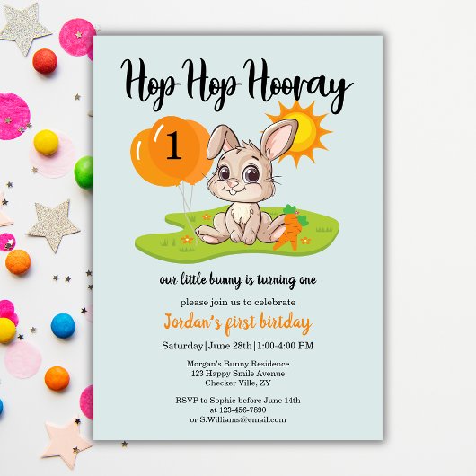 ホップホップホアリーかわいいバニー1歳の誕生日 招待状