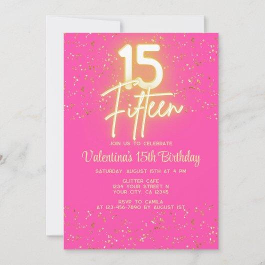 ホッモダントピンクネオングロー金ゴールドグリッター15誕生日 招待状 (正面)