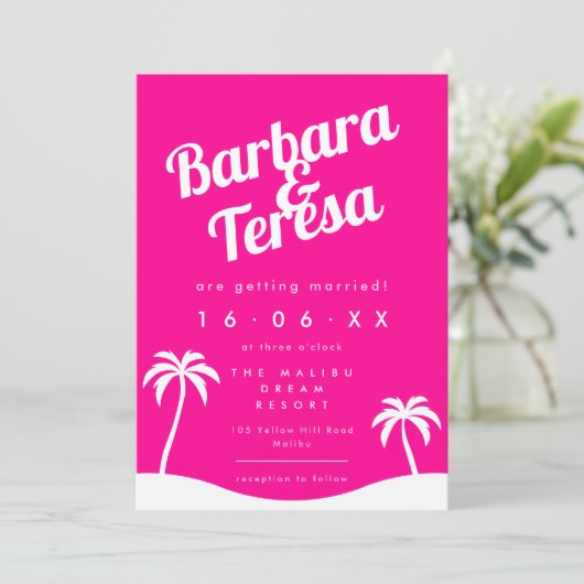 ホッモダントピンクバルビエコアトレンディービーチ結婚式 招待状 (スタンド正面)