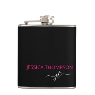 ホッモダントピンクブラックシンプルスクリプトモノグラム名 フラスク