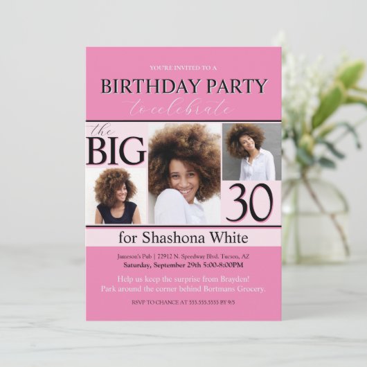 ホッモダントピンクブラック3フォト誕生日招待状 招待状 (スタンド正面)