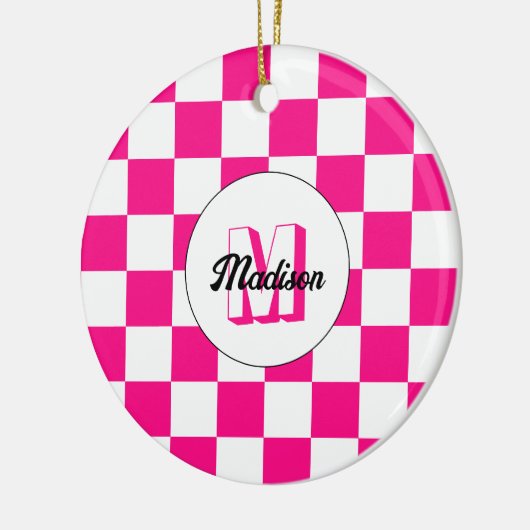 ホッ市松模様にク白の幾何学模様レトロモノグラム セラミックオーナメント (左)