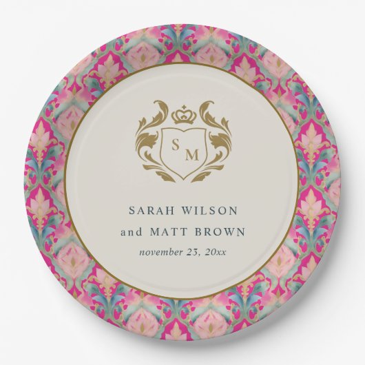 ホッ華美トピンク金ゴールドクラシーフローラ結婚ローレル ペーパープレート (正面)
