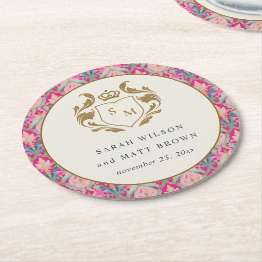 ホッ華美トピンク金ゴールドクラシーフローラ結婚ローレル ラウンドペーパーコースター (アングル)