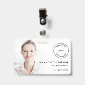 ホテル従業員フォトオーバーレイID名ロゴホワイト バッジ (クリップ付き表面)