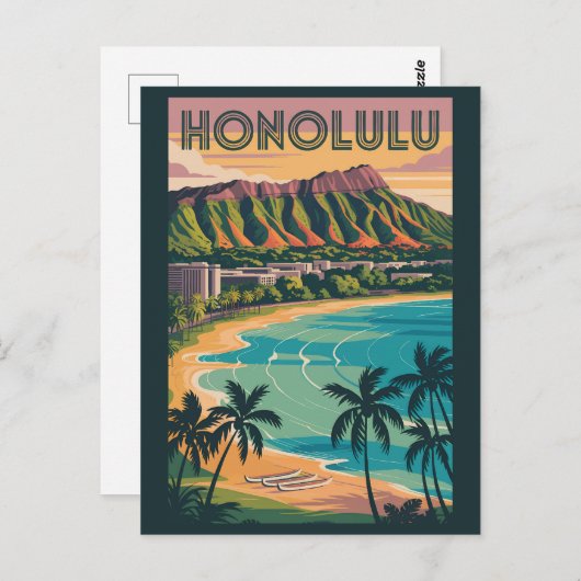 ホノルルハワイイラストレーショントラベルアートヴィンテージ ポストカード (正面/裏面)