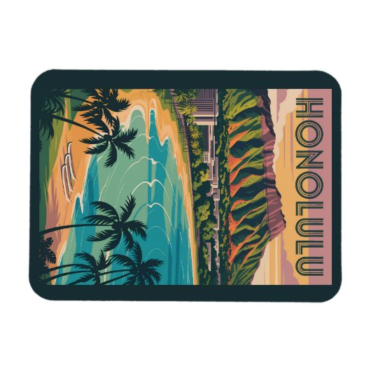 ホノルルハワイイラストレーショントラベルアートヴィンテージ マグネット (横)