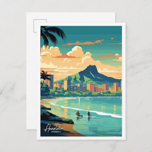 ホノルルハワイトラベルヴィンテージイラストレーション ポストカード (正面/裏面)
