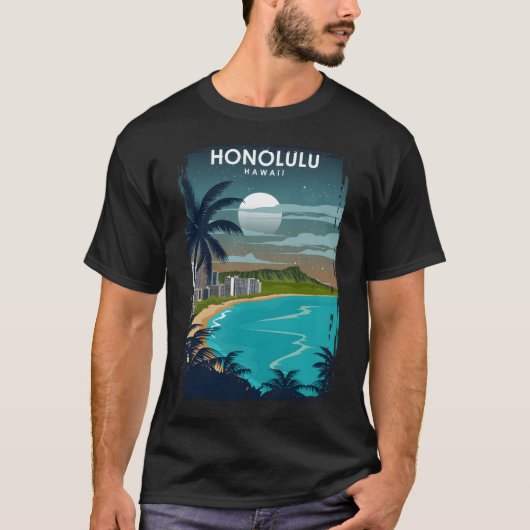 ホノルルハワイ旅行ポスターin Night Tシャツ (正面)