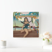 ホノルルヴィンテージレトロトラベルプリント スクエア壁時計 (ホーム)