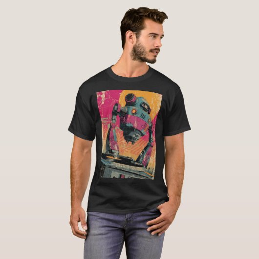 ホバリングDJドローン - ホットネオンのレトロターンテーブル Tシャツ (正面フル)