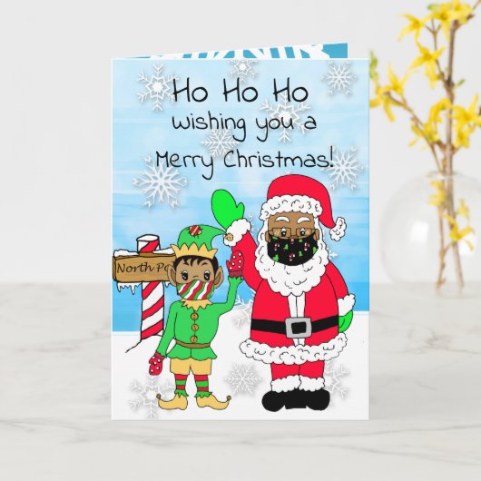 ホホホホクリスマスエトニサンタとフェイセマスクの小妖精や小人 カード (黄色い花)