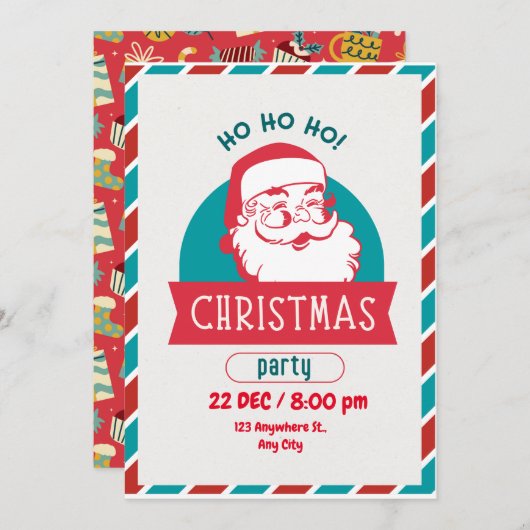 ホホホホホおもしろいリーレトロサンタ顔クリスマスパーティー 招待状 (正面/裏面)