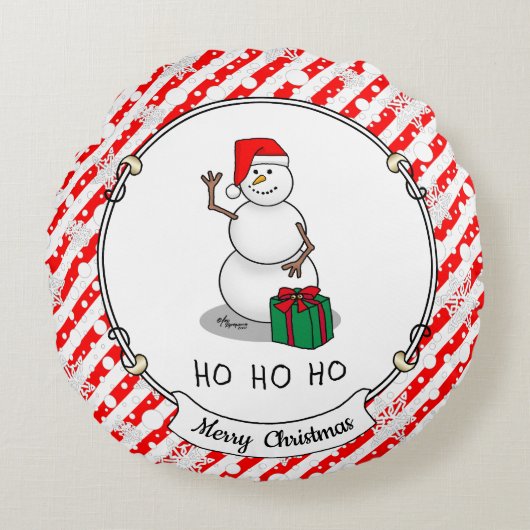 ホホホホメリークリスマスサンタカワイイ雪だるま ラウンドクッション (正面)