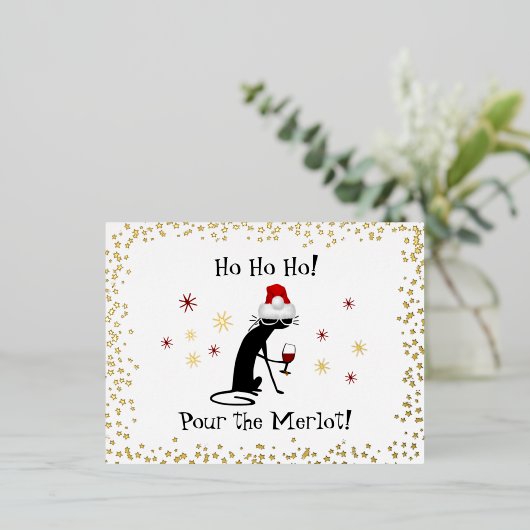 ホホホホメロキャットおもしろいクリスマスワイン引用文 箔シーズンポストカード (立ち正面)