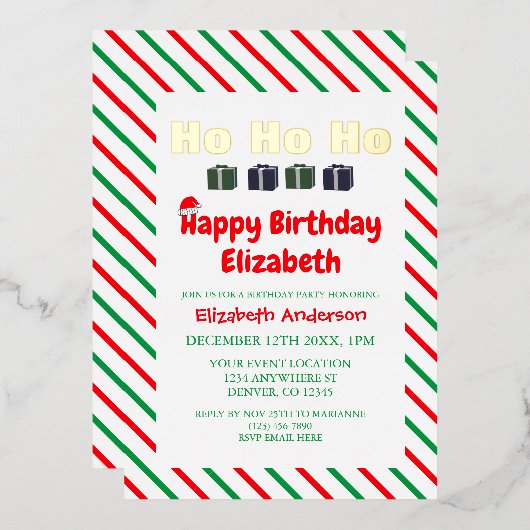 ホホホホークリスマス子供の誕生日 箔招待状 (正面/裏面)