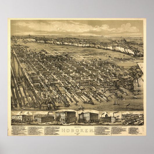 ホボケンニュージャージー1881アンティークパノラママップ ポスター (正面)
