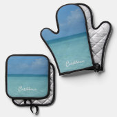 ホライズンカリブのトロピカルターコイズブルー 鍋つかみ&鍋敷きセット (正面/裏面)