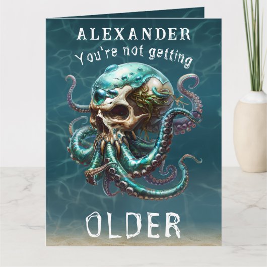 ホラーおもしろいをテーマにしたクラーケンスカル彼のための誕生日 カード (正面)