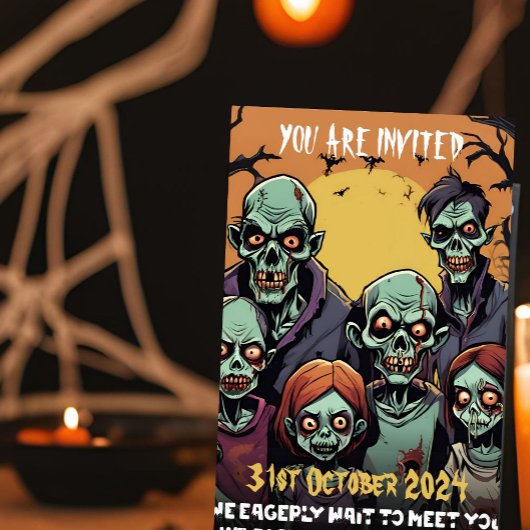 ホラーおもしろいゾンビファミリーハローウィンパーティ 招待状