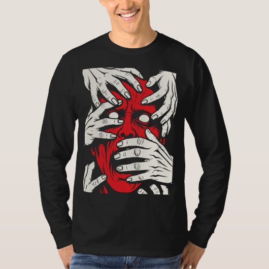 ホラーアート 赤い悪魔 手で顔を覆う デザイン Tシャツ (正面)